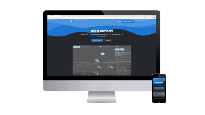 react architect client screenshot inside a mac computer screen and iphone